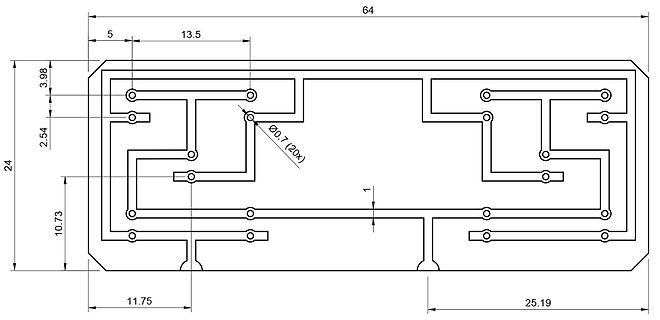 CAD-Zeichnung eines Leiterplatten-Layouts mit Bemaßung