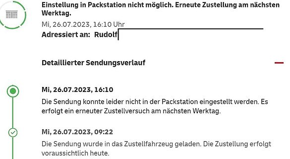Sendungsverlauf einer DHL Packstation-Zustellung