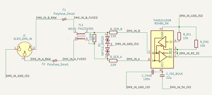 Schaltplan einer DMX-Eingangsschaltung mit RS485-Transceiver