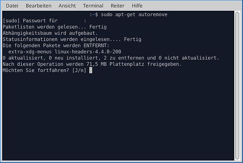Linux Terminal mit apt-get autoremove Befehl