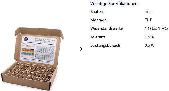 Kohleschicht-Widerstände in Schachtel mit Spezifikationen