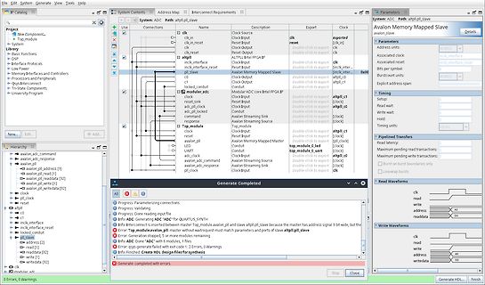 Screenshot einer FPGA-Entwicklungsumgebung mit Avalon Memory Mapped Slave