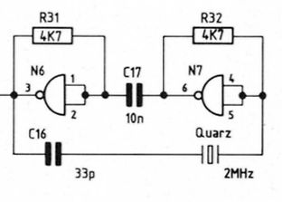 Schaltplan eines Oszillators mit NAND-Gattern und Quarz