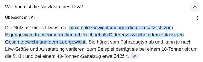 KI-generierte Antwort zur Nutzlast eines Lkw