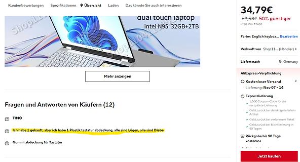 Screenshot eines Online-Shop-Angebots für einen Laptop