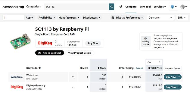 Webseite von oemsecrets für SC1113 Raspberry Pi