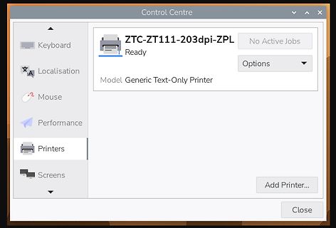 Screenshot eines Control Centre Menüs für Drucker