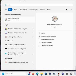 Windows-Suchergebnis für Ressourcenmonitor