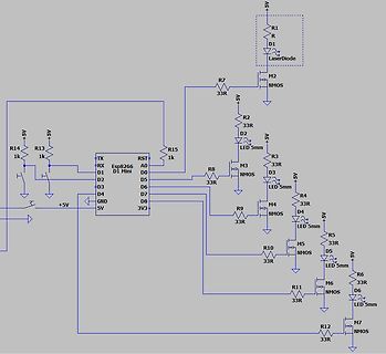 Schaltplan mit ESP8266 und MOSFET-gesteuerten LEDs und Laserdiode