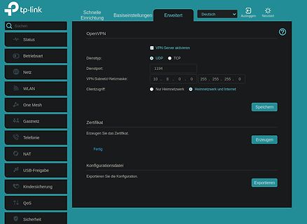 Benutzeroberfläche der OpenVPN-Einstellungen eines TP-Link Routers