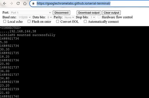 Webbasierter serieller Terminal-Screenshot mit Logausgabe