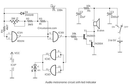 Schaltplan eines Audio-Metronoms mit LED-Anzeige