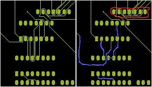 PCB-Layout mit markierten Leiterbahnen