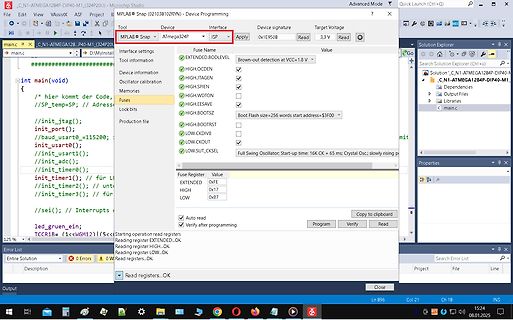 MPLAB Snap Software Interface mit Fuse-Einstellungen