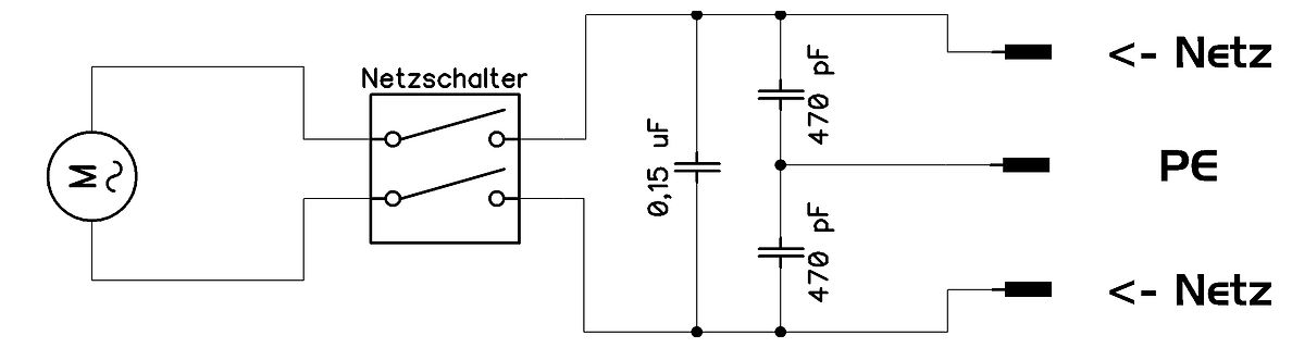 Schaltplan eines Motors mit Netzschalter und Kondensatoren
