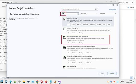 Visual Studio Projektvorlagen Auswahl