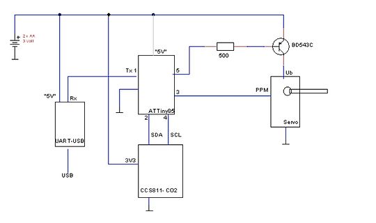 Schaltplan mit ATtiny85, CO2-Sensor und Servo