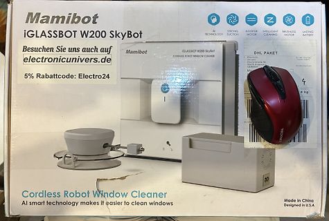 Verpackung eines Mamibot iGLASSBOT W200 SkyBot Fensterreinigers