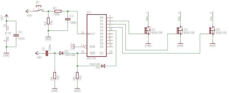 Schaltplan mit 4017N Zähler und MOSFETs