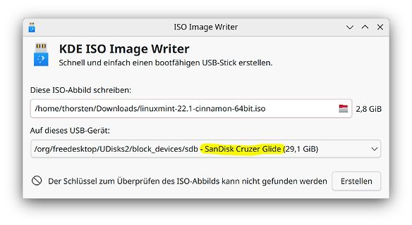 KDE ISO Image Writer Benutzeroberfläche