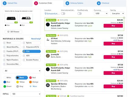 Screenshot eines Online-Marktplatzes für 3D-Druck-Dienstleistungen