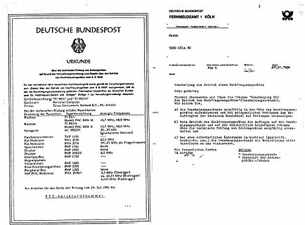 Urkunde der Deutschen Bundespost für ein Hochfrequenzgerät