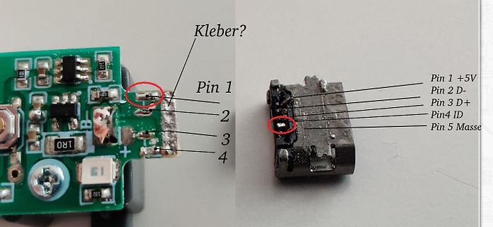 Leiterplatte mit Mikro-USB Anschluss und Pinbelegung