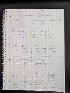 Handschriftliche Schaltpläne und Messwerttabellen