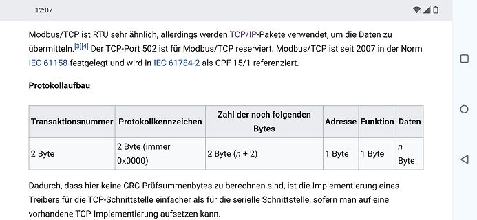 Text über Modbus/TCP und Protokollaufbau-Tabelle