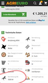 Screenshot technischer Daten eines Produkts im Onlineshop