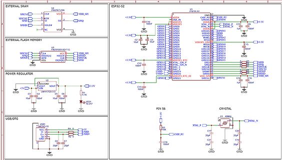 Schaltplan ESP32-S2 mit SRAM, Flash und Spannungsregler