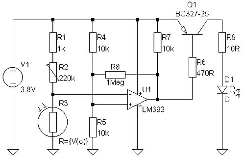 Schaltplan einer Schaltung mit Komparator und Transistor