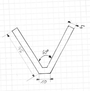 Handzeichnung einer V-förmigen Geometrie mit Bemaßung