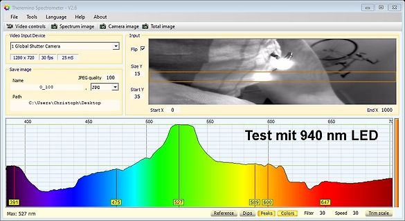 Software-Screenshot eines Spektrometers mit Spektralkurve