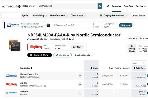 Screenshot einer Distributor-Webseite für nRF54LM20A