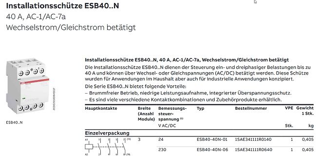 Datenblatt eines Installationsschützes ESB40..N
