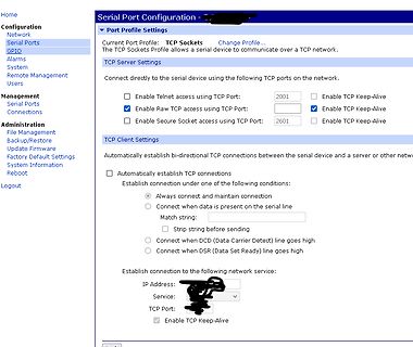 Webinterface Serial Port Configuration TCP Sockets