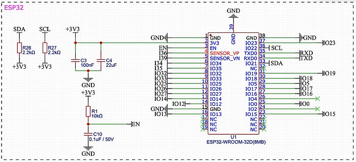 Schaltplan eines ESP32-WROOM-32D Moduls