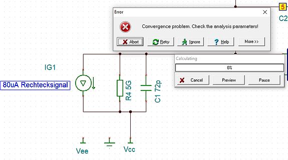 Schaltplan mit Simulationsfehler in einer Software