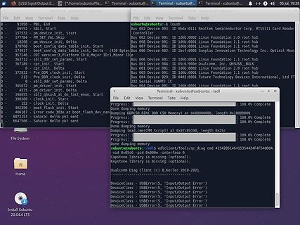 Linux Terminal mit USB-Geräte-Informationen und Fehlermeldungen