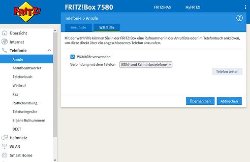Benutzeroberfläche einer FRITZ!Box 7580 Telefonie-Einstellung