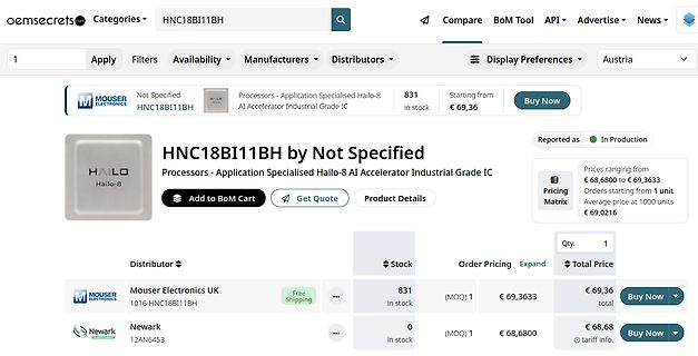 Webseite eines Elektronik-Distributors für Hailo-8 KI-Beschleuniger
