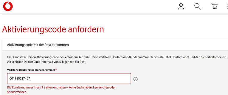 Webseite zur Anforderung eines Aktivierungscodes