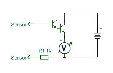 Schaltplan mit Transistor, Voltmeter und Sensoranschlüssen