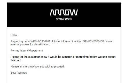 E-Mail von Arrow bezüglich Lieferverzögerung STM32N6570-DK