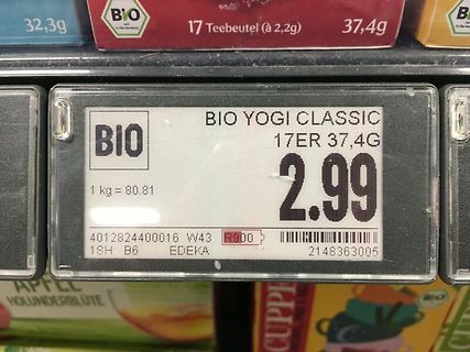 Supermarktschild für Bio Yogi Classic Tee