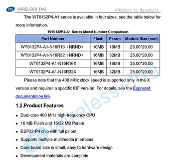 Ausschnitt eines Datenblatts für WT0132P4-A1 Module