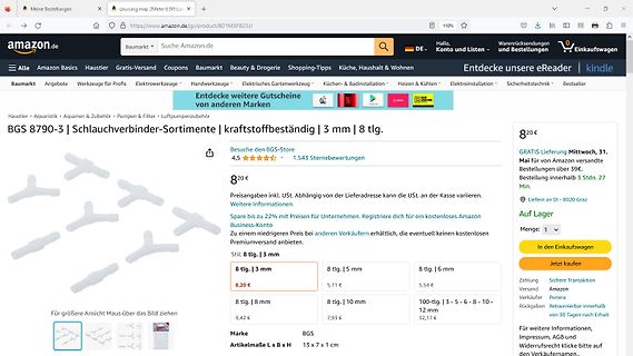 Amazon-Produktseite für Schlauchverbinder-Sortimente