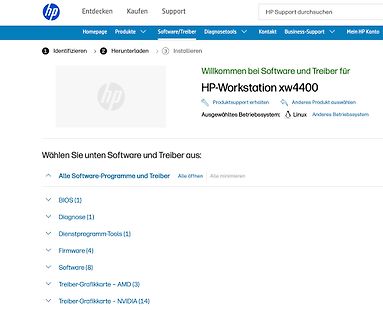 HP Support Webseite für HP-Workstation xw4400