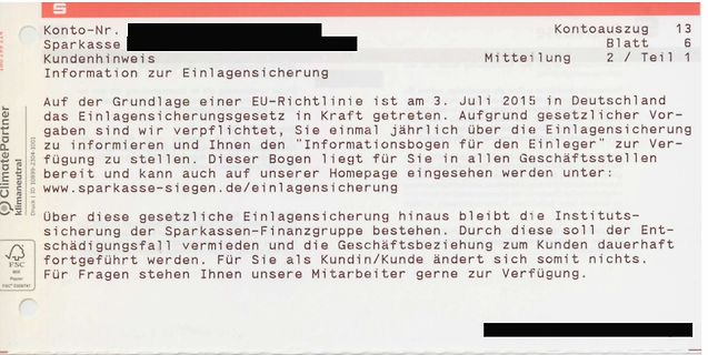 Kontoauszug der Sparkasse mit Information zur Einlagensicherung